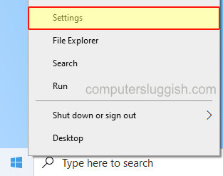 Windows 10 context menu with Settings selected