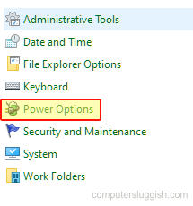 Windows Control Panel showing Power options button.