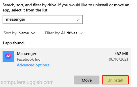 Selecting uninstall for Messenger in Windows apps and features
