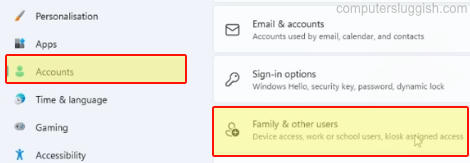 Windows 11 Account setting selecting Familt and other users