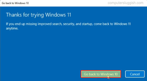 Go back to Windows 10 pop up windows