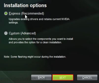 NVIDIA driver installation options selecting express