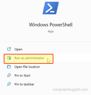 Windows PowerShell showing the Run as administrator option.