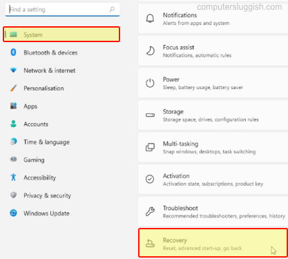 Selecting Recovery in Windows 11 System Settings
