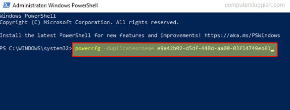Windows PowerShell showing the ultimate power plan code inserted.