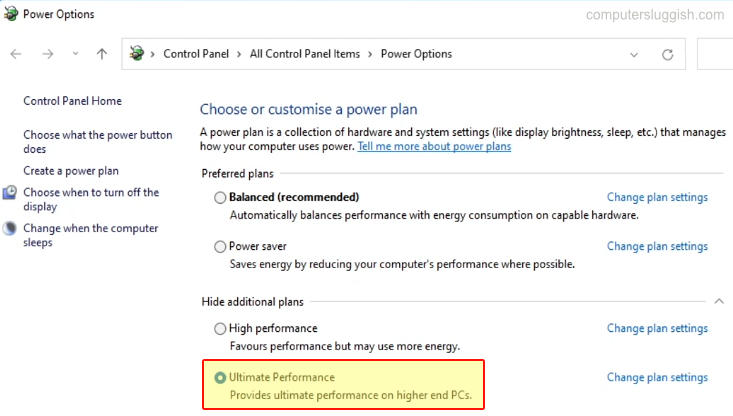 Windows Control Panel Power Options showing Ultimate Performance option.
