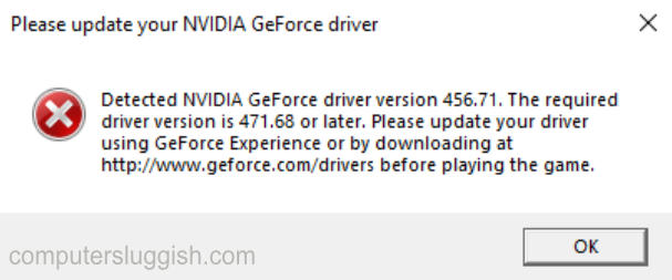 Please update your NVIDIA GeForce driver warning window.