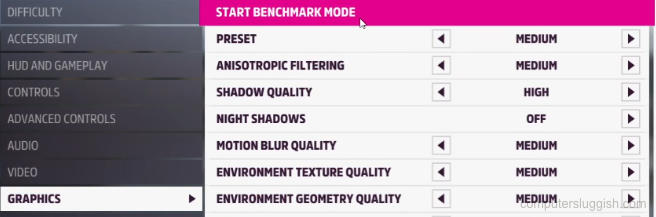 Selecting Start benchmark mode in FH5 settings