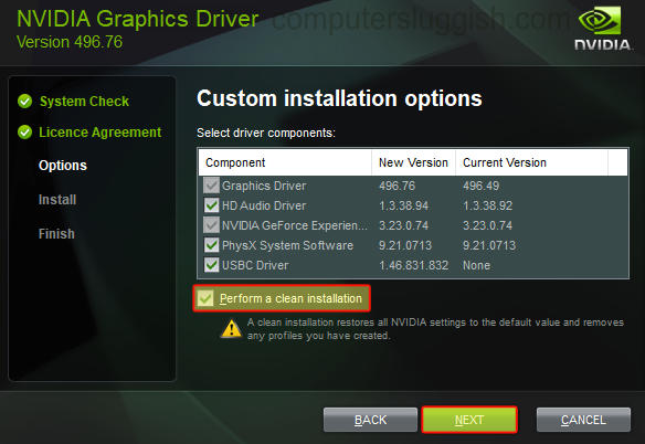 NVIDIA perform a clean install checkbox option.