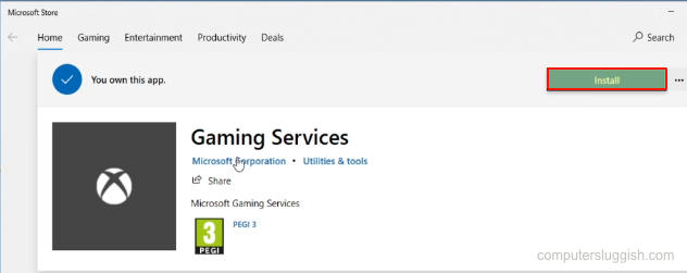 Selecting install for the Gaming Services in the Microsoft Store