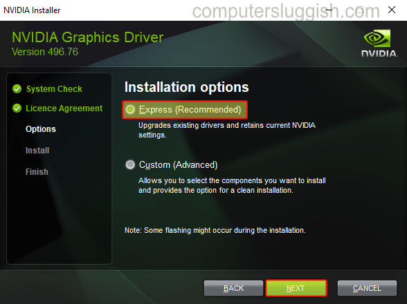 NVIDIA graphics driver installer showing Express install option selected.