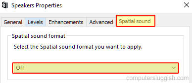Turning off spatial sound in Windows sound settings