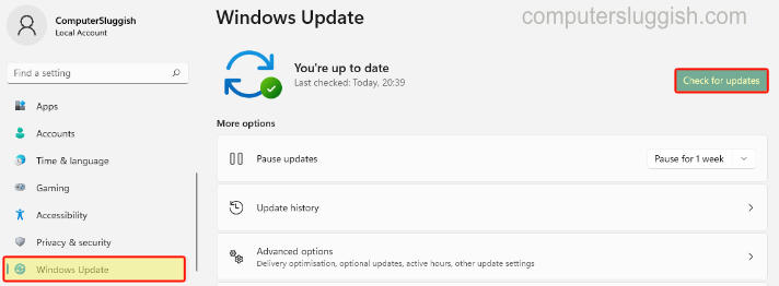 Windows Update check for updates button in Windows 11.