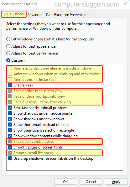 Windows 11 change Visual effects settings.