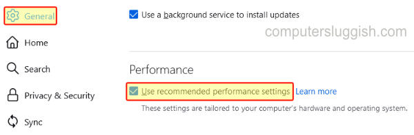 Firefox performance use recommended performance settings option showing ticked.