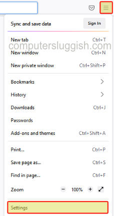Firefox context menu showing Settings.