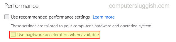 Firefox Use hardware acceleration when available unticked.