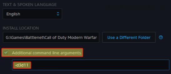 Battle.net settings adding directx command to additional commands textbox.