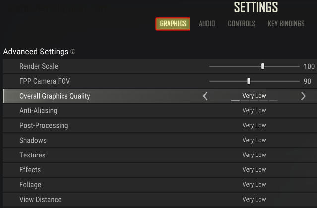 PUBG graphics settings showing overall graphics quality option.