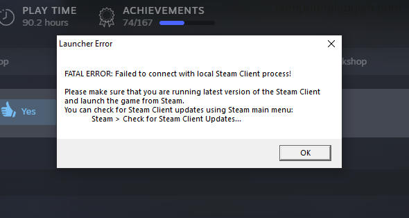 Steam launcher error warning window