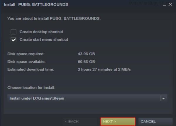 Steam install window showing location to install PUBG.