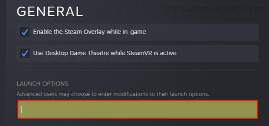 Steam settings add or remove launch options for the game selected.
