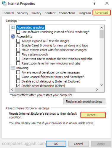 Selecting Reset in Windows internet options
