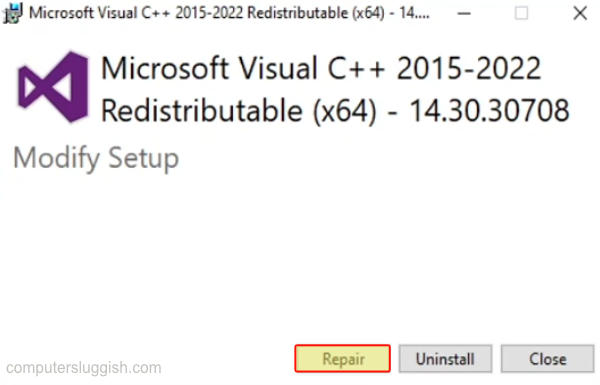 Microsoft Visual C++ showing repair button.