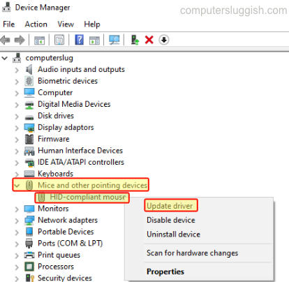 Device Manager Mice and other pointing devices exapanded showing Mouse context menu with Update driver option.