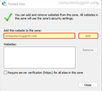 Adding a website to the trusted sites zone