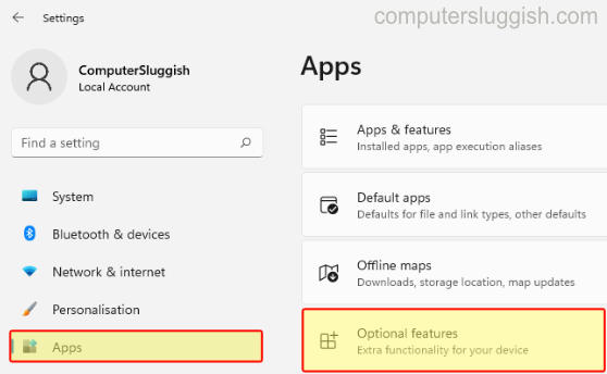 Windows 11 settings selecting Apps and Optional Features