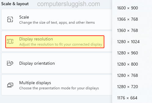 Windows 11 settings change Display resolution dropdown menu list.