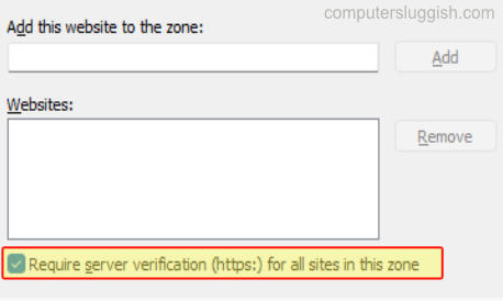 Requires https option in the Trusted Sites zone
