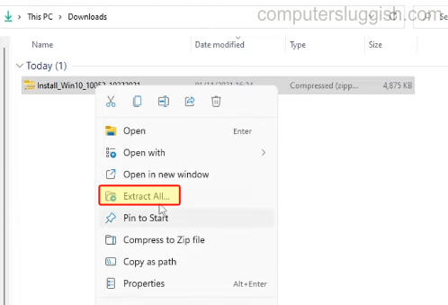 File Explorer showing context menu with Extract all option.