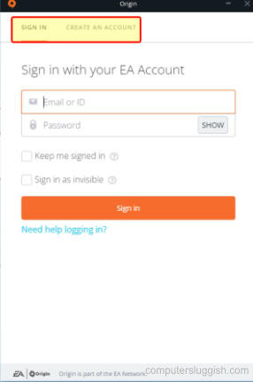Origin window showing sign in form or create EA account option.