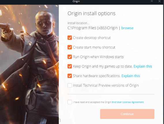 Origin window showing install options.