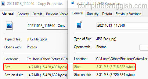 Windows 11 comparing two image file sizes