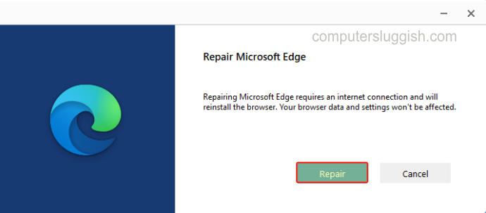 Selecting Repair Microsoft Edge in the window