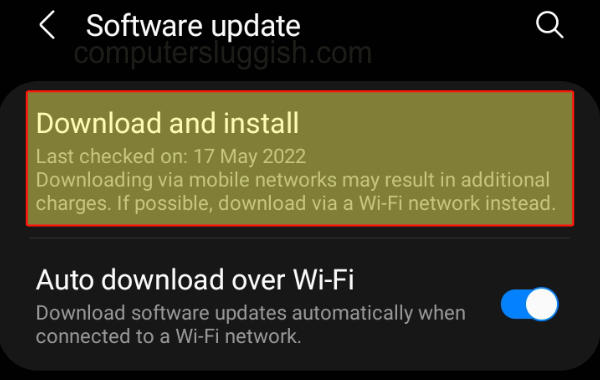 Android Software Update settings selecting Download and Install