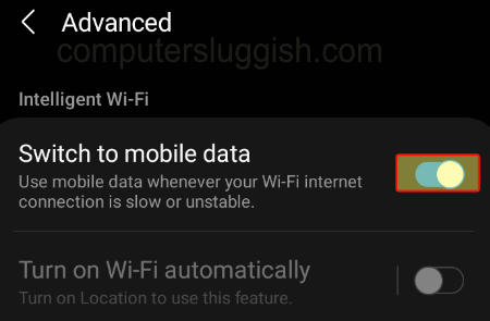 Android Advanced Wifi settings toggling switch to mobile data to on