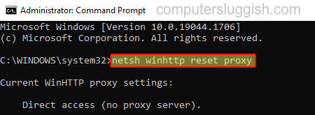 Windows CMD with the netsh winhttp reset proxy command typed in
