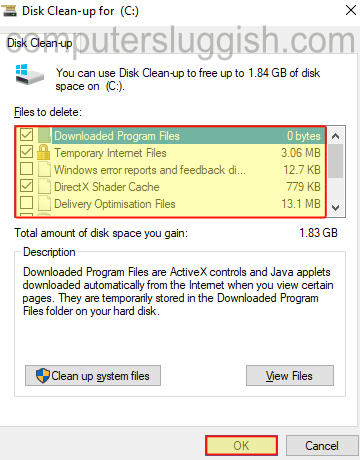 Інструмент очищення диска Windows, що показує список параметрів, які можна очистити з Windows
