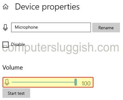 Device properties showing volume bar for Microphone.