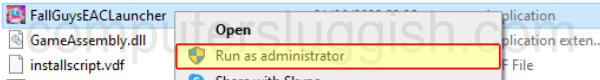 Selecting Run as administrator on the FallGuys.exe