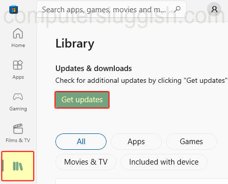 Selecting Get Updates in the Microsoft Store