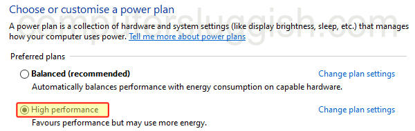 Windows Control Panel showing High performance power plan selected.