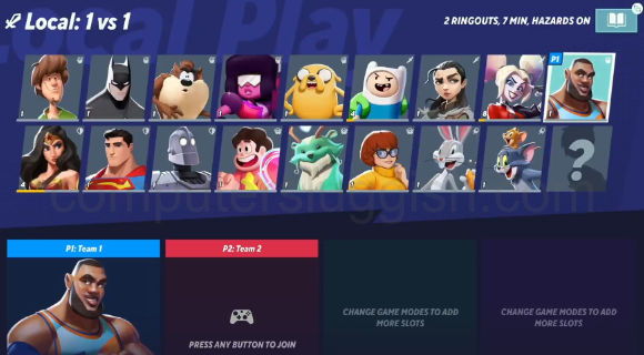 MultiVersus local play set up screen allowing players to select a character.