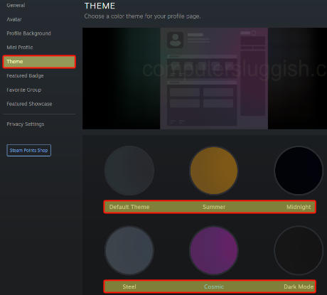 Steam theme setting showing all of the available themes for a Steam profile page.
