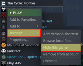Selecting "Hide this game" in Steam on a game 