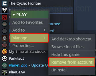 Selecting "Remove from account" in Steam Library